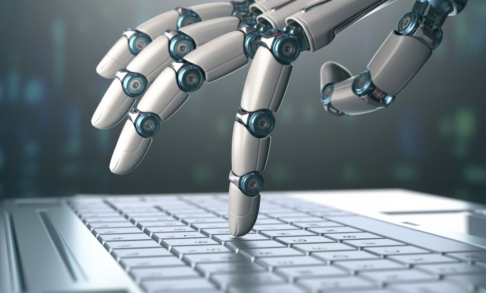 Robotic hand using a laptop computer, illustration.